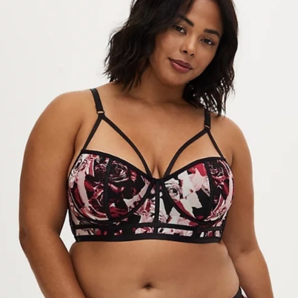 Torrid 1 BLACK PINK ROSE POWER MESH STRAPPY UNLINED UNDERWIRE LONGLINE BRALETTE - Picture 2 of 12